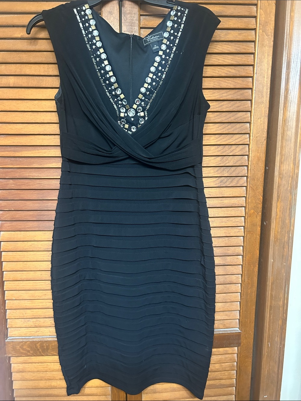 dressbarn Black Sleeveless V-Neck Sheath Dress with Jewel Trim